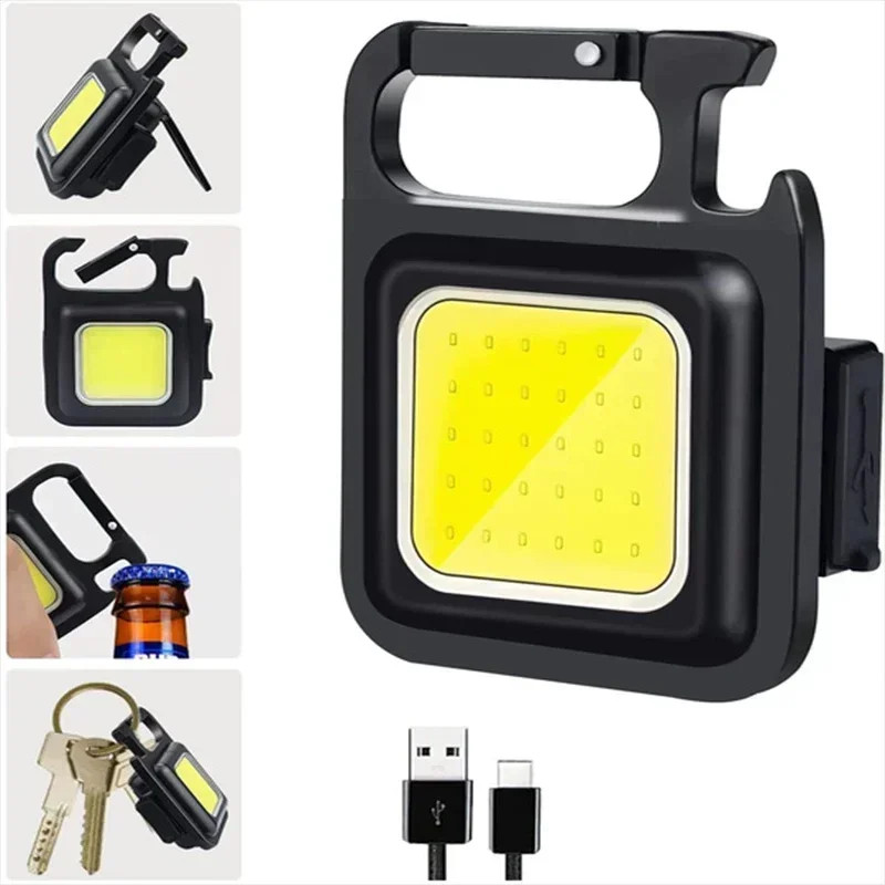 Mini Portable Keychain COB Lantern, USB Rechargeable LED Camping Flashlight with Pocket Clip, Multifunctional Work Light