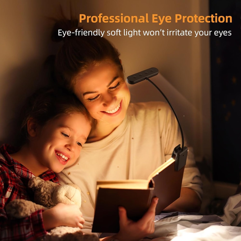 USB Rechargeable 14LED Book Reading Light, Flexible Clip-On Night Lamp, Portable Warm Cool Daylight Bedside Desk Light
