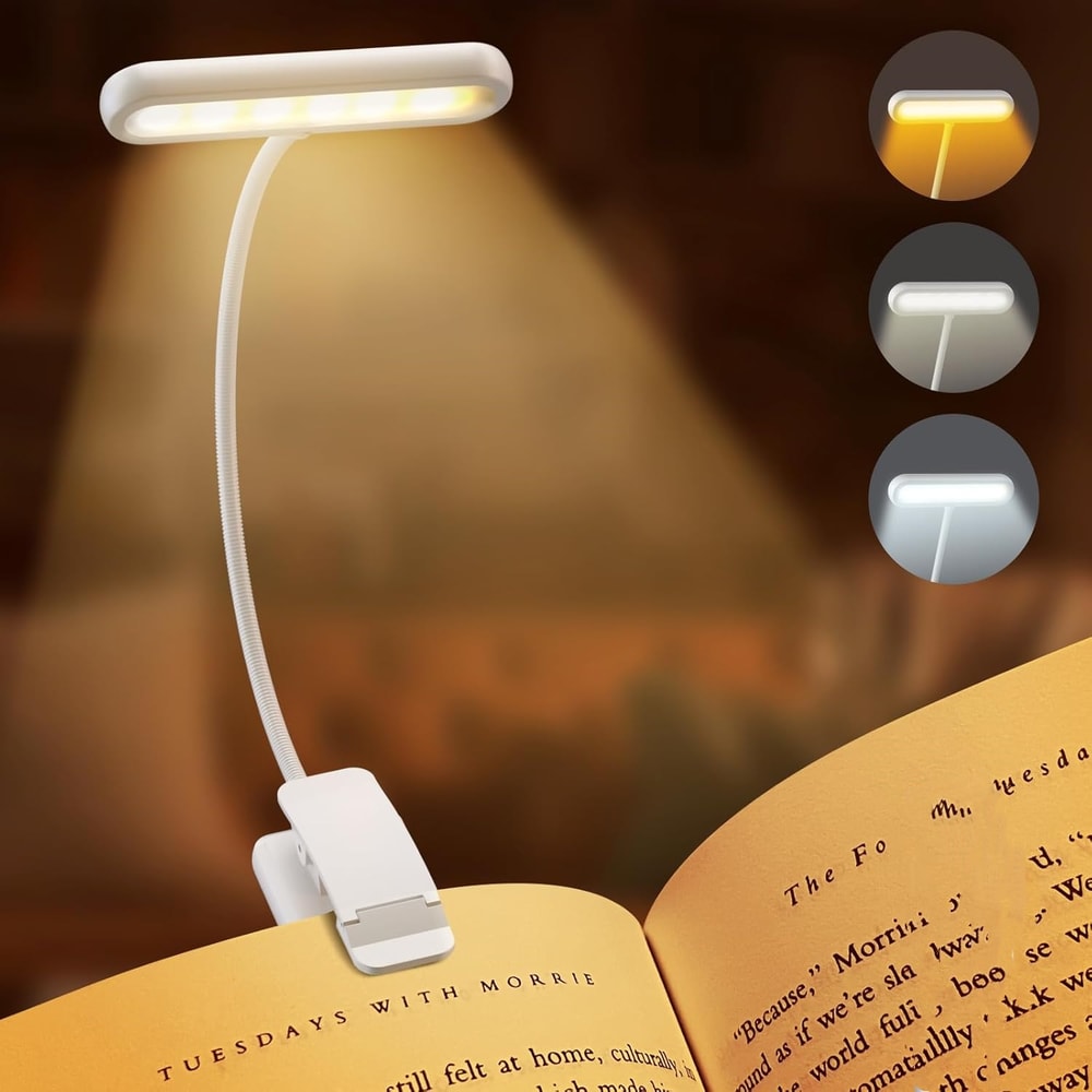 USB Rechargeable 14LED Book Reading Light, Flexible Clip-On Night Lamp, Portable Warm Cool Daylight Bedside Desk Light