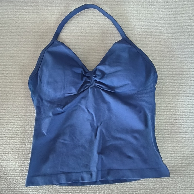 Women Sexy V Neck Longline Gym Tank Top, Seamless Strappy Padded Yoga Workout Vest, Slim Fit Running Sports Top