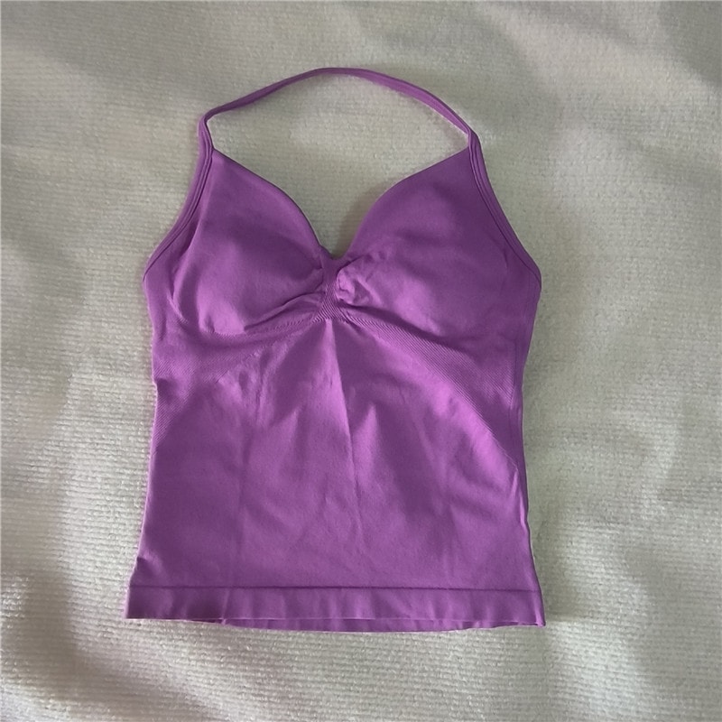 Women Sexy V Neck Longline Gym Tank Top, Seamless Strappy Padded Yoga Workout Vest, Slim Fit Running Sports Top