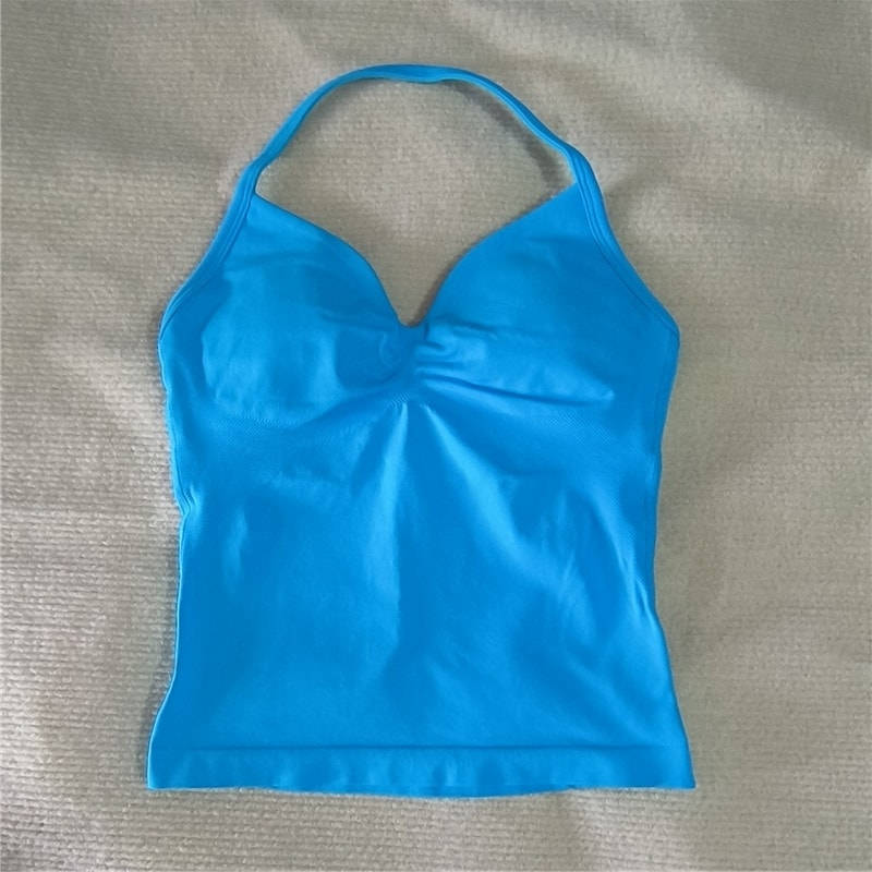 Women Sexy V Neck Longline Gym Tank Top, Seamless Strappy Padded Yoga Workout Vest, Slim Fit Running Sports Top