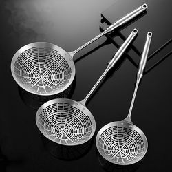 premium round 304 stainless steel strainer long handle kitchen sieves scoop for hot pot, oil filter colander & cooking