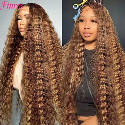 honey blonde highlight human hair wig, deep wave lace front hd lace frontal curly brazilian wig for women