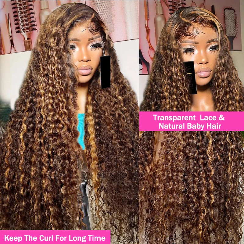 Honey Blonde Highlight Human Hair Wig, Deep Wave Lace Front HD Lace Frontal Curly Brazilian Wig for Women