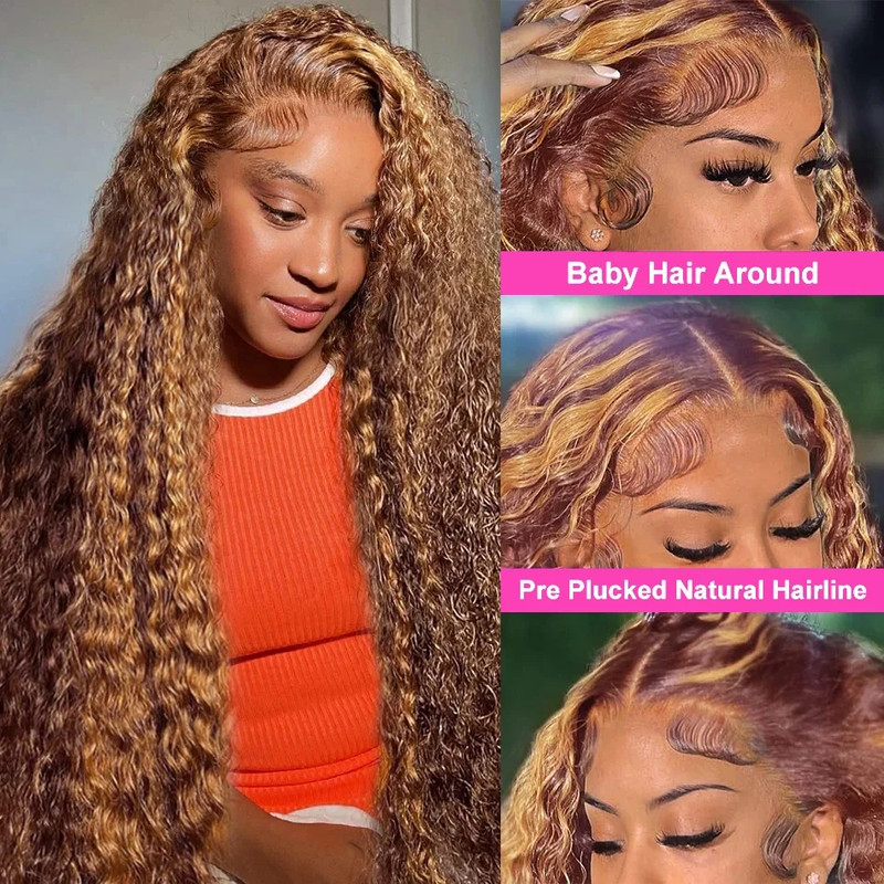 Honey Blonde Highlight Human Hair Wig, Deep Wave Lace Front HD Lace Frontal Curly Brazilian Wig for Women