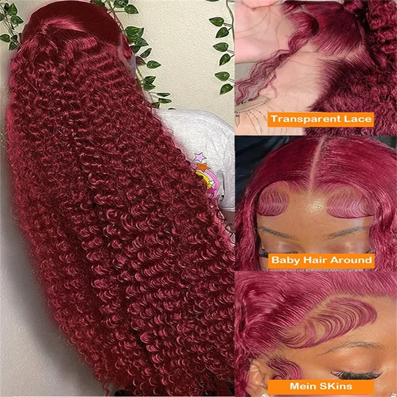 Red Burgundy 13x6 HD Lace Frontal Wig Human Hair, Deep Wave 13x4 Transparent Lace Front Curly Wig Pre-Plucked for Black