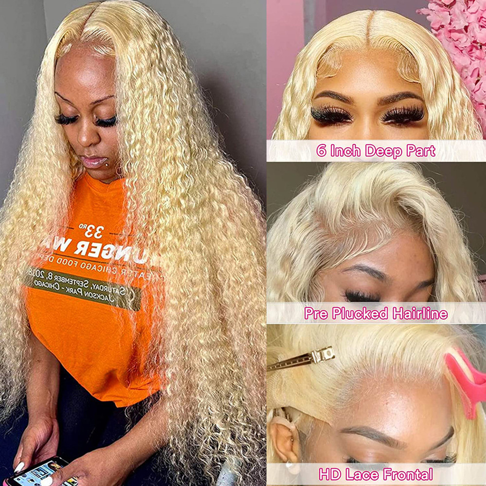 Wig Blonde Human Hair, Curly Lace Front Wig, Pre-Plucked Bleached Knots HD Lace Wig for Black Women