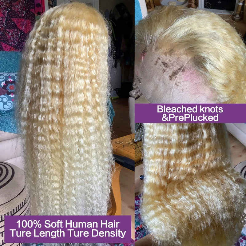 Wig Blonde Human Hair, Curly Lace Front Wig, Pre-Plucked Bleached Knots HD Lace Wig for Black Women