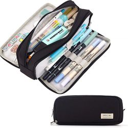large pencil case storage organizer, 3 compartment student pouch, double side opened school supplies gift