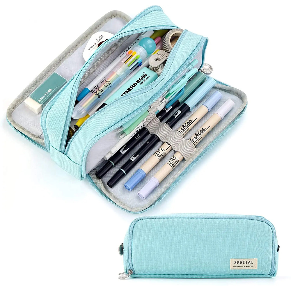 Large Pencil Case Storage Organizer, 3 Compartment Student Pouch, Double Side Opened School Supplies Gift