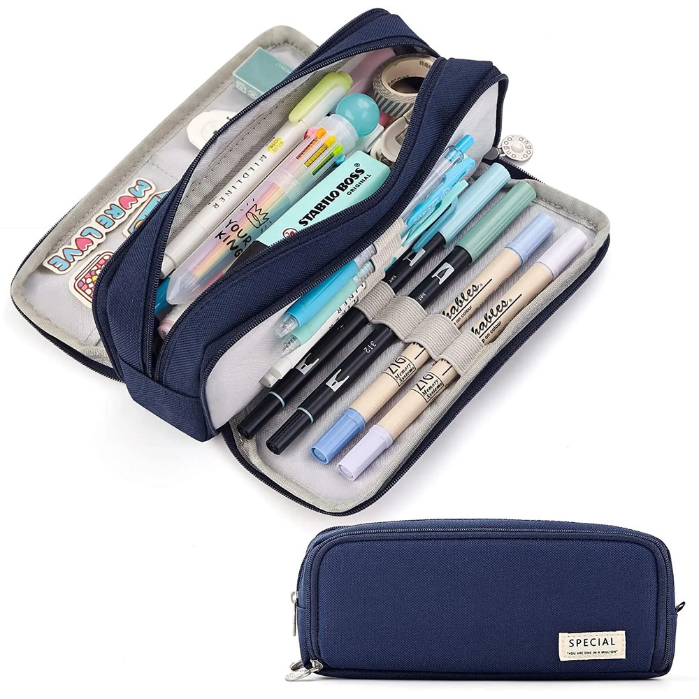 Large Pencil Case Storage Organizer, 3 Compartment Student Pouch, Double Side Opened School Supplies Gift