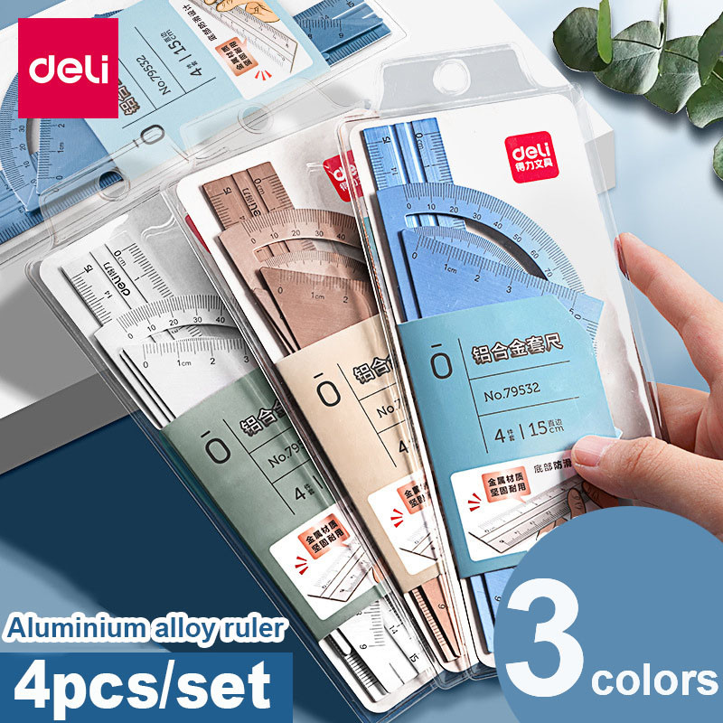 4 In 1 Deli Metal Ruler Set Triangle Measuring Ruler For Kids Drawing Straight Ruler School Office  5
