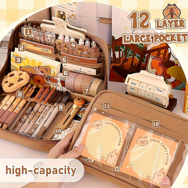 Cute Capybara Stationery Set , School Pencil Case Box with Stickers, Multi-Layer Organizer, Brooch, Keychain Gift