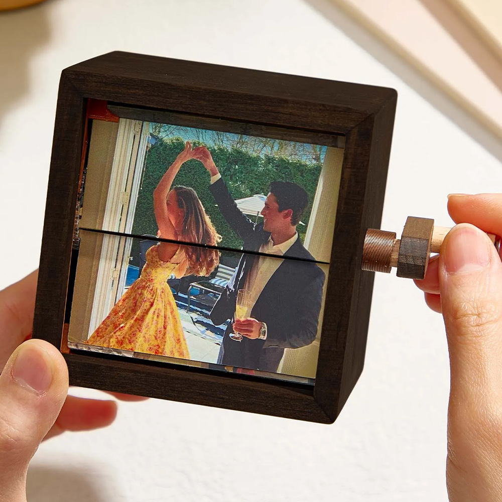 Custom Hand-Cranked Photo Flipbook Box, Personalized Valentines Day Gift with Solid Wood Frame