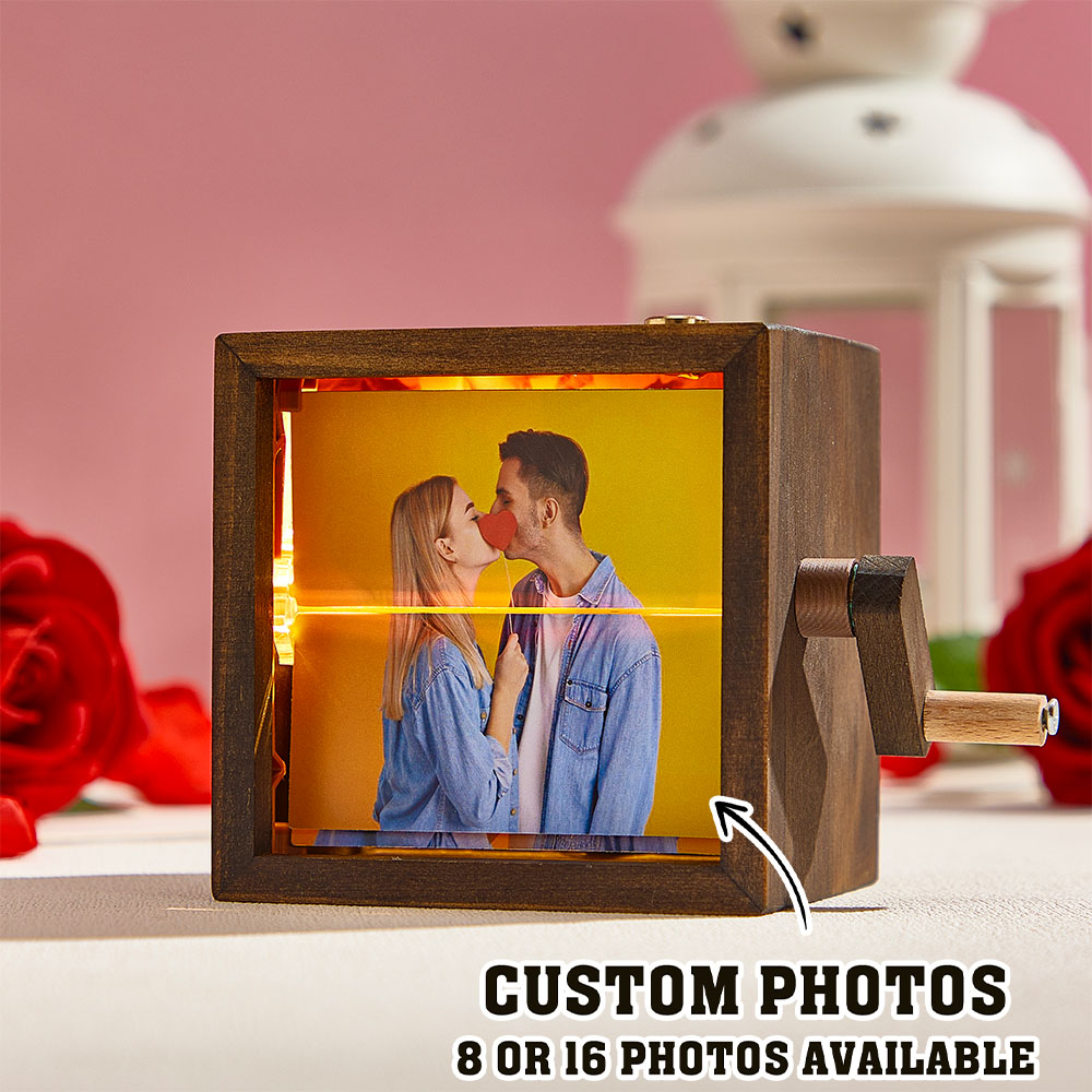Custom Hand-Cranked Photo Flipbook Box, Personalized Valentines Day Gift with Solid Wood Frame