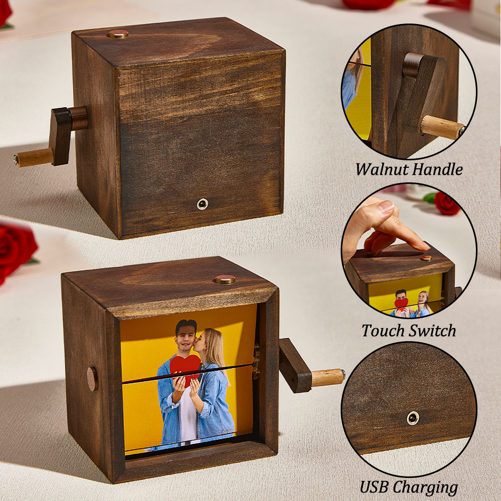 Custom Hand-Cranked Photo Flipbook Box, Personalized Valentines Day Gift with Solid Wood Frame