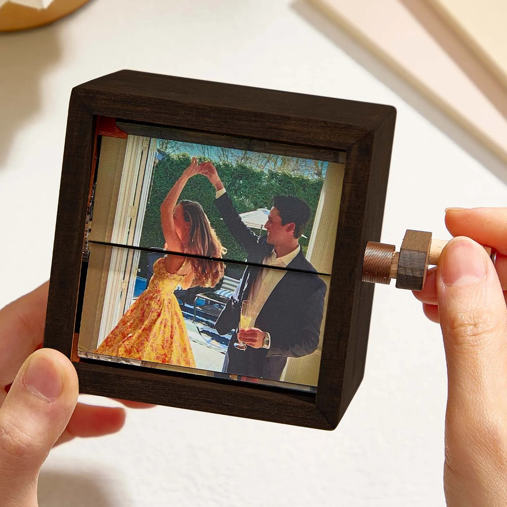 Custom Hand-Cranked Photo Flipbook Box, Personalized Valentines Day Gift with Solid Wood Frame