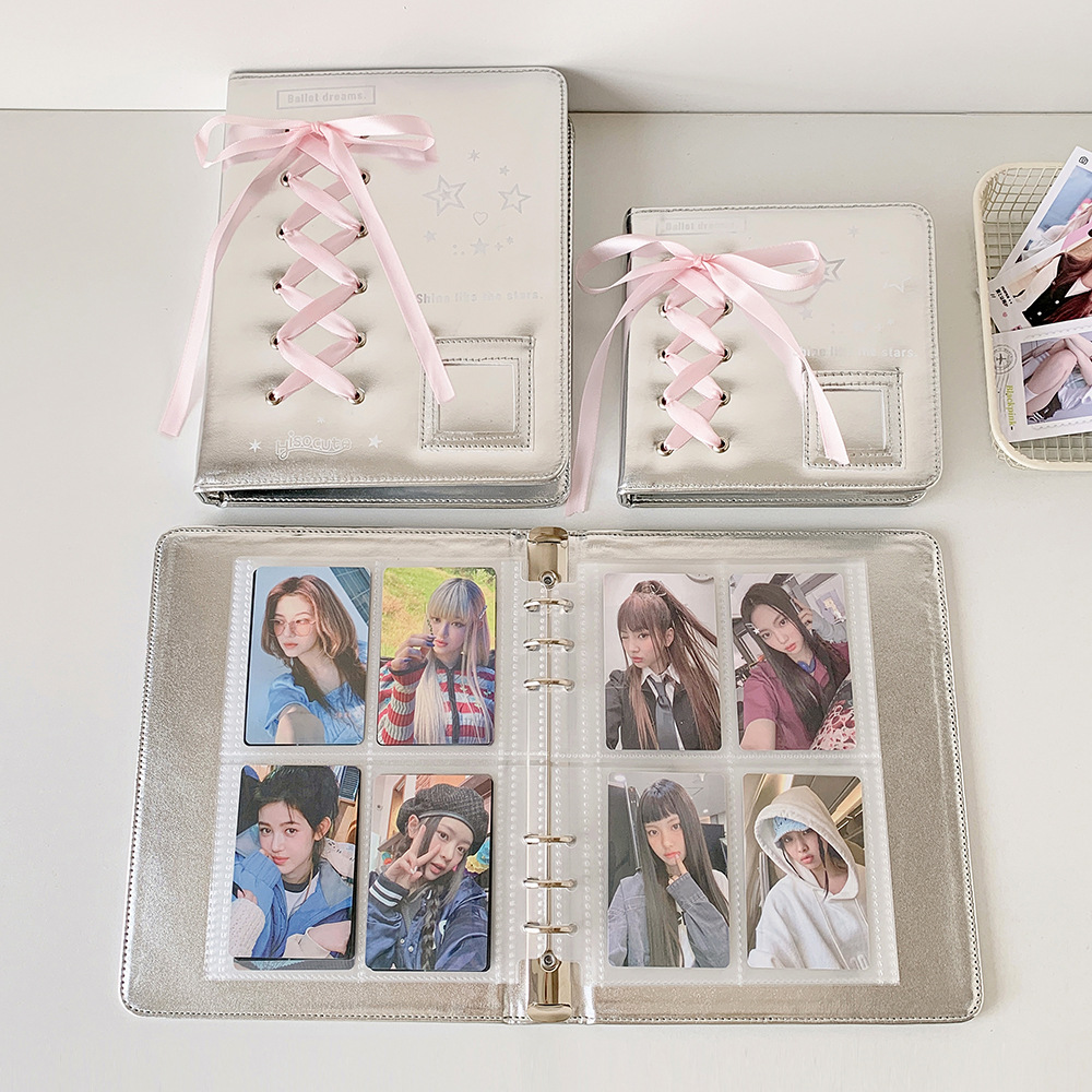 A5 A7 Silver PU Leather Photocard Binder Album, Pink Bowtie Decor for Instax Mini, Photos, Cards & Scrapbooking