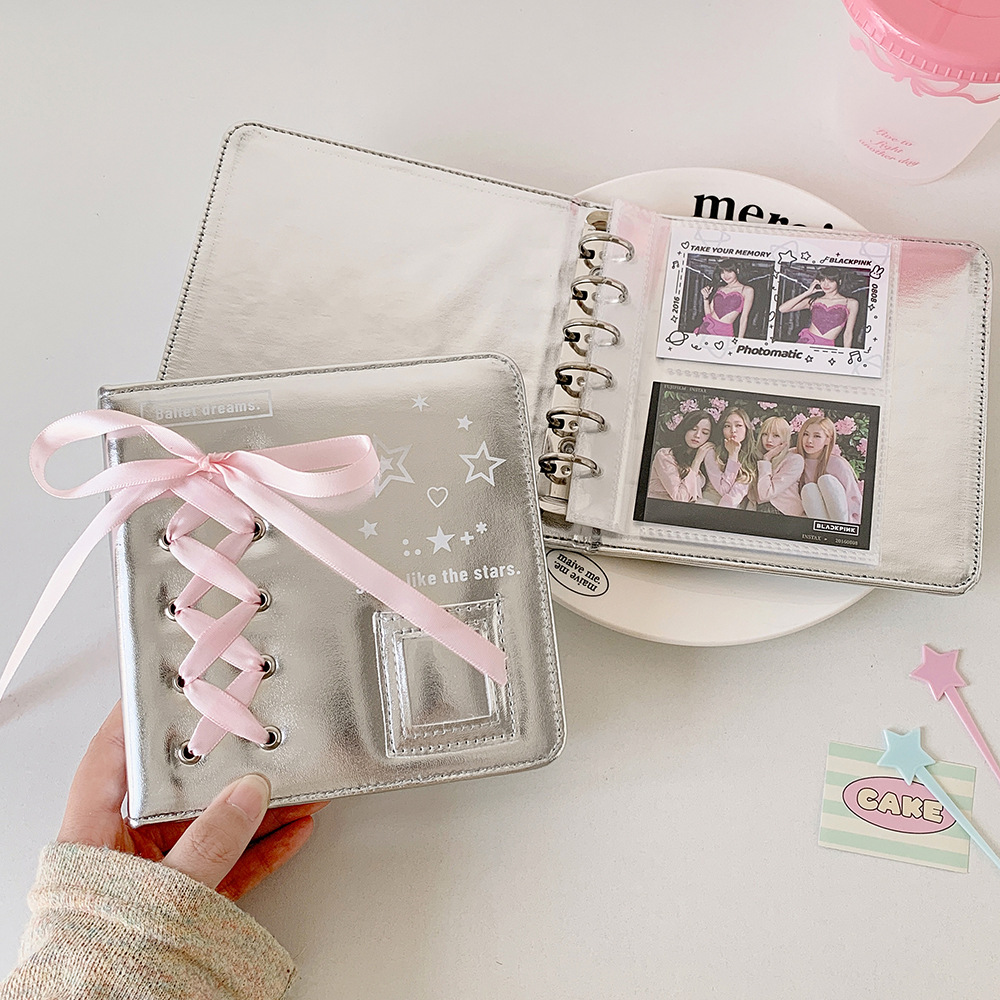 A5 A7 Silver PU Leather Photocard Binder Album, Pink Bowtie Decor for Instax Mini, Photos, Cards & Scrapbooking