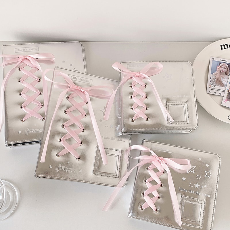 A5 A7 Silver PU Leather Photocard Binder Album, Pink Bowtie Decor for Instax Mini, Photos, Cards & Scrapbooking