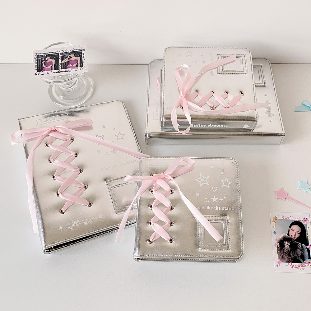 A5 A7 Silver PU Leather Photocard Binder Album, Pink Bowtie Decor for Instax Mini, Photos, Cards & Scrapbooking
