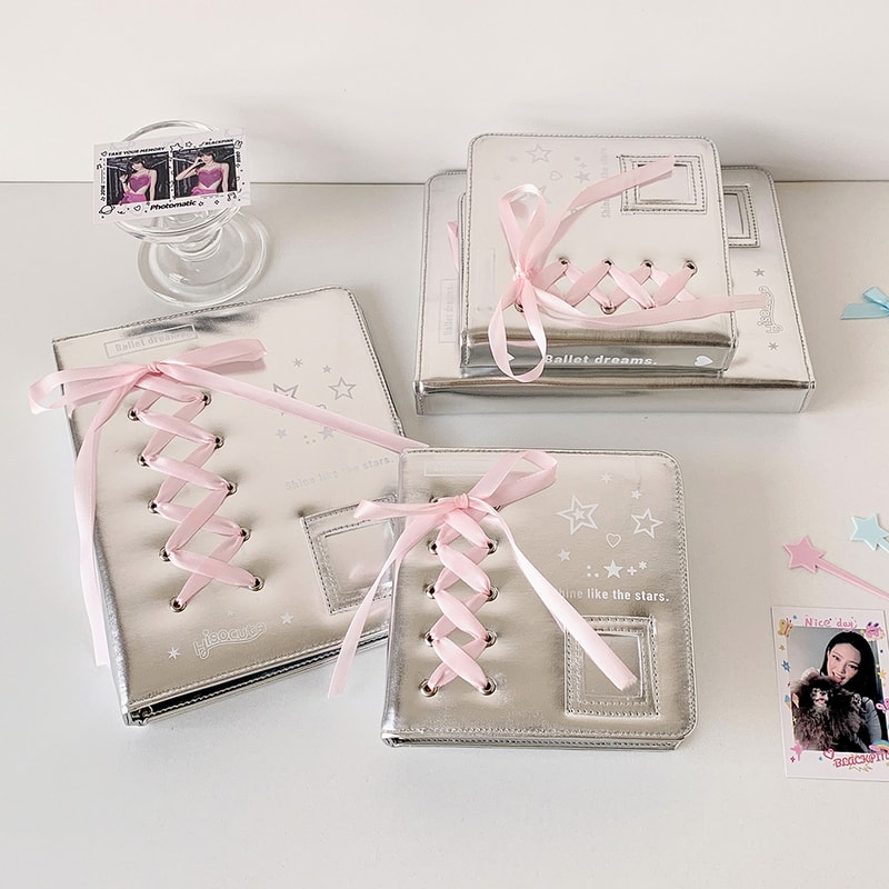 A5 A7 Silver PU Leather Photocard Binder Album, Pink Bowtie Decor for Instax Mini, Photos, Cards & Scrapbooking