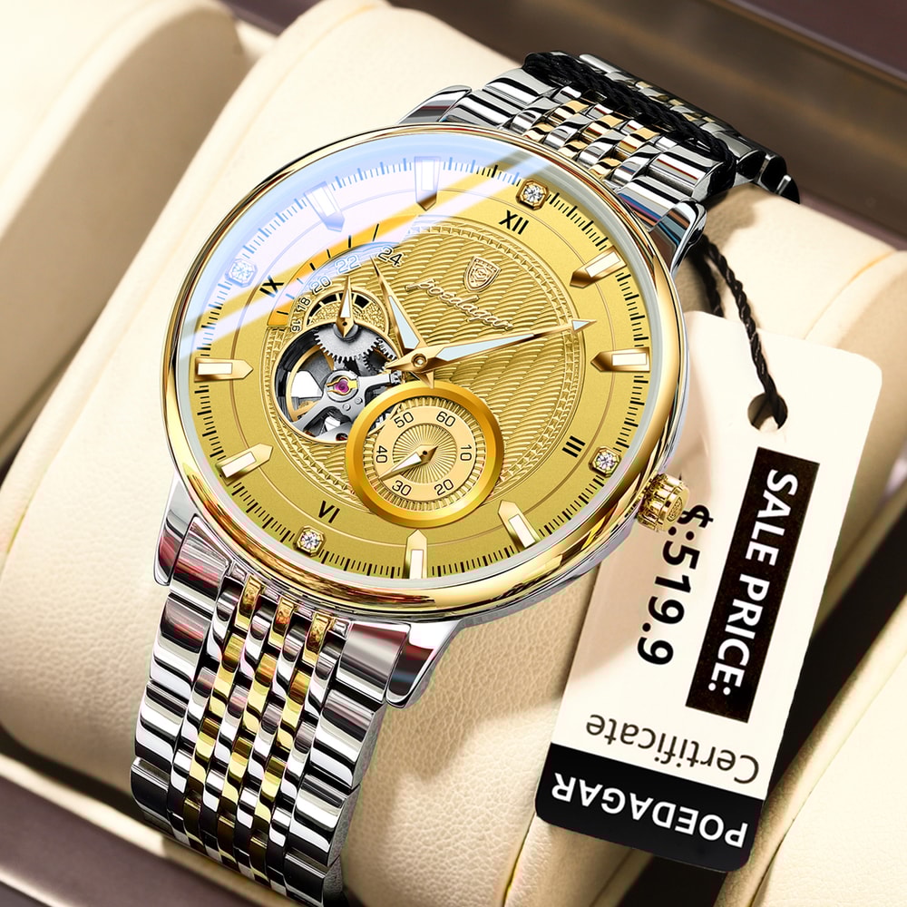 POEDAGAR Luxury Man Wristwatch, Hollow Tourbillon Stainless Steel Watch, Automatic Mechanical Luminous Men Reloj