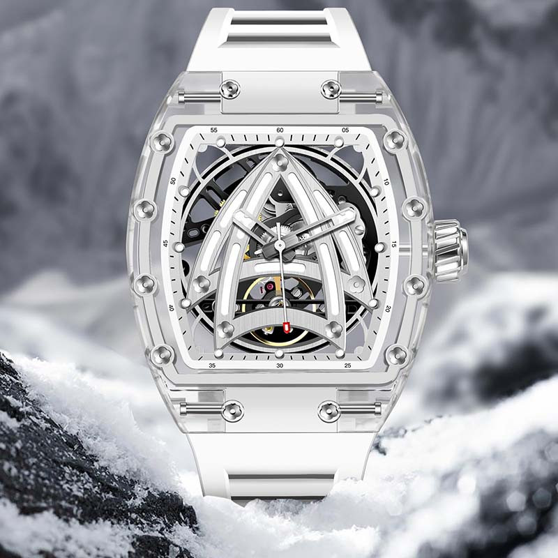 Luxury PINDU Men Mechanical Watch, Skeleton Design, Sapphire Glass, Waterproof Stainless Steel Automatic Wristwatch