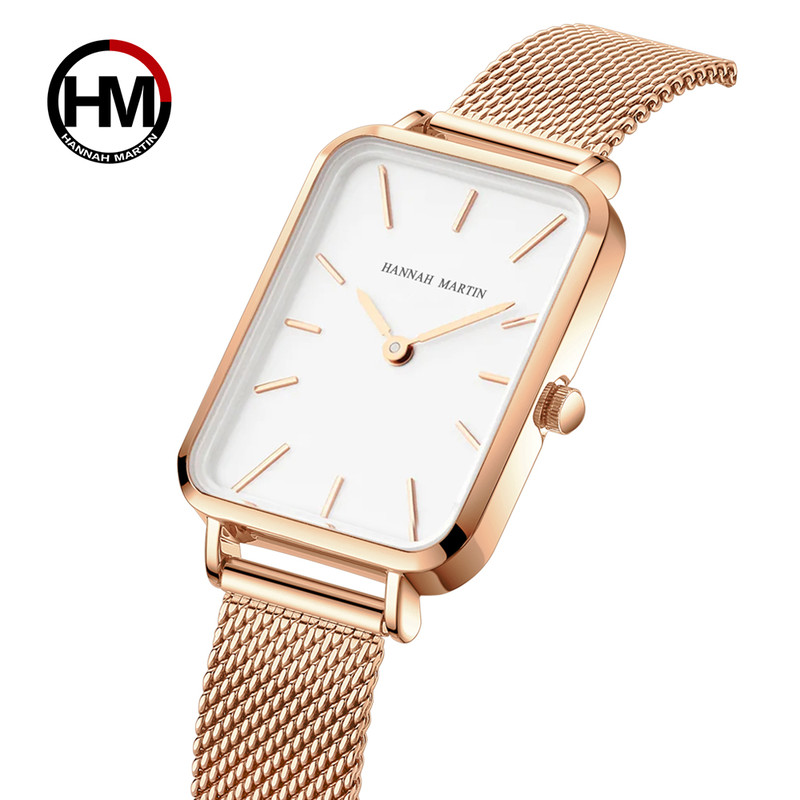 Rose Gold Square Women Mesh Strap Watch, Stainless Steel Case, Simple Fashion Japanese Movement Watch