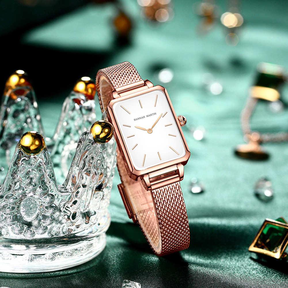 Rose Gold Square Women Mesh Strap Watch, Stainless Steel Case, Simple Fashion Japanese Movement Watch