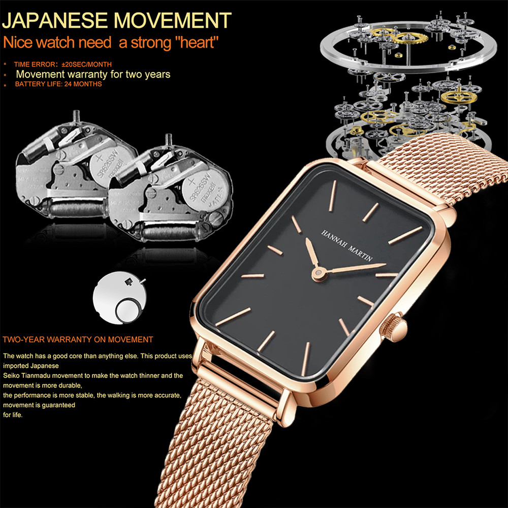 Rose Gold Square Women Mesh Strap Watch, Stainless Steel Case, Simple Fashion Japanese Movement Watch