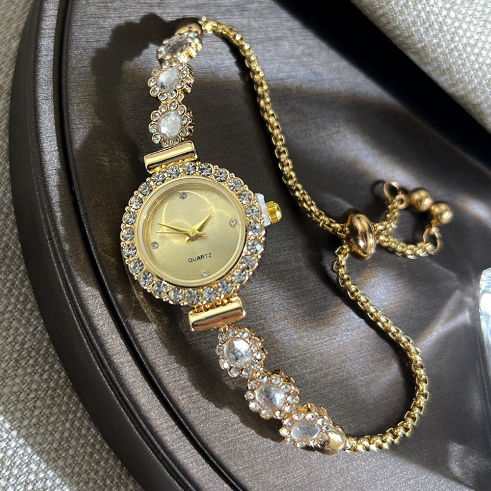 Fashion Style Quartz Watch for Women, Color Imitation Gemstone, Pullable Bracelet Girls Gift Stylish Wristwatch