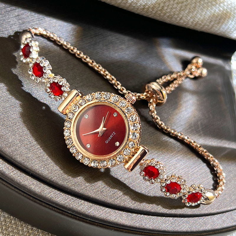 Fashion Style Quartz Watch for Women, Color Imitation Gemstone, Pullable Bracelet Girls Gift Stylish Wristwatch