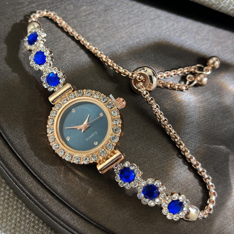 Fashion Style Quartz Watch for Women, Color Imitation Gemstone, Pullable Bracelet Girls Gift Stylish Wristwatch