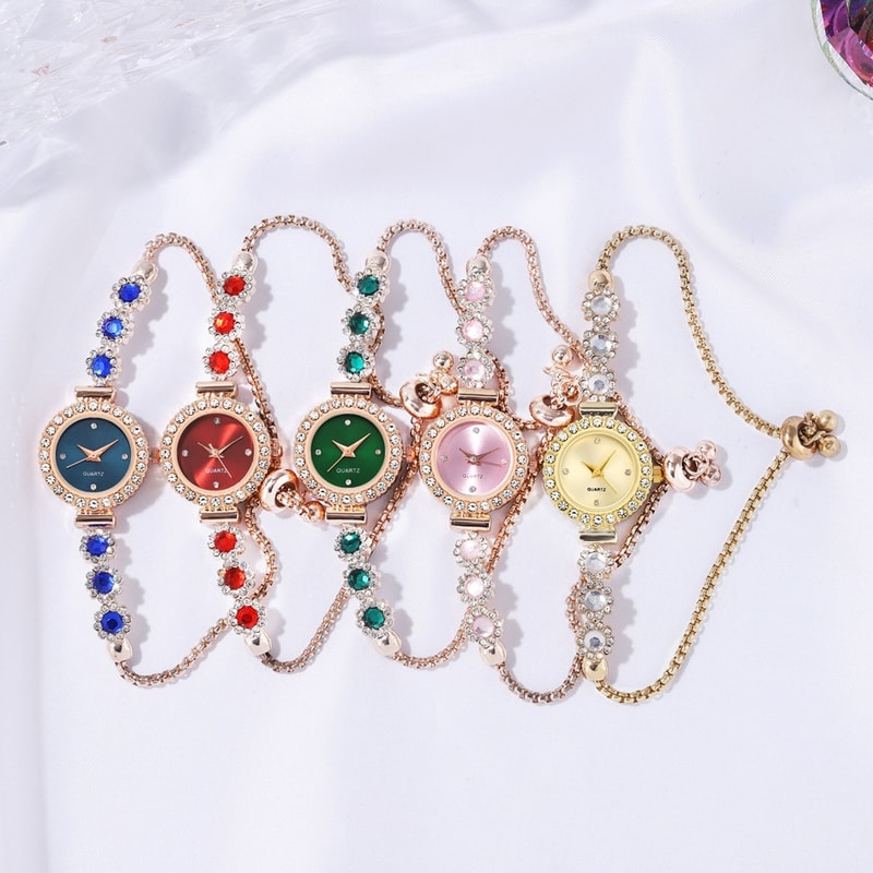 Fashion Style Quartz Watch for Women, Color Imitation Gemstone, Pullable Bracelet Girls Gift Stylish Wristwatch