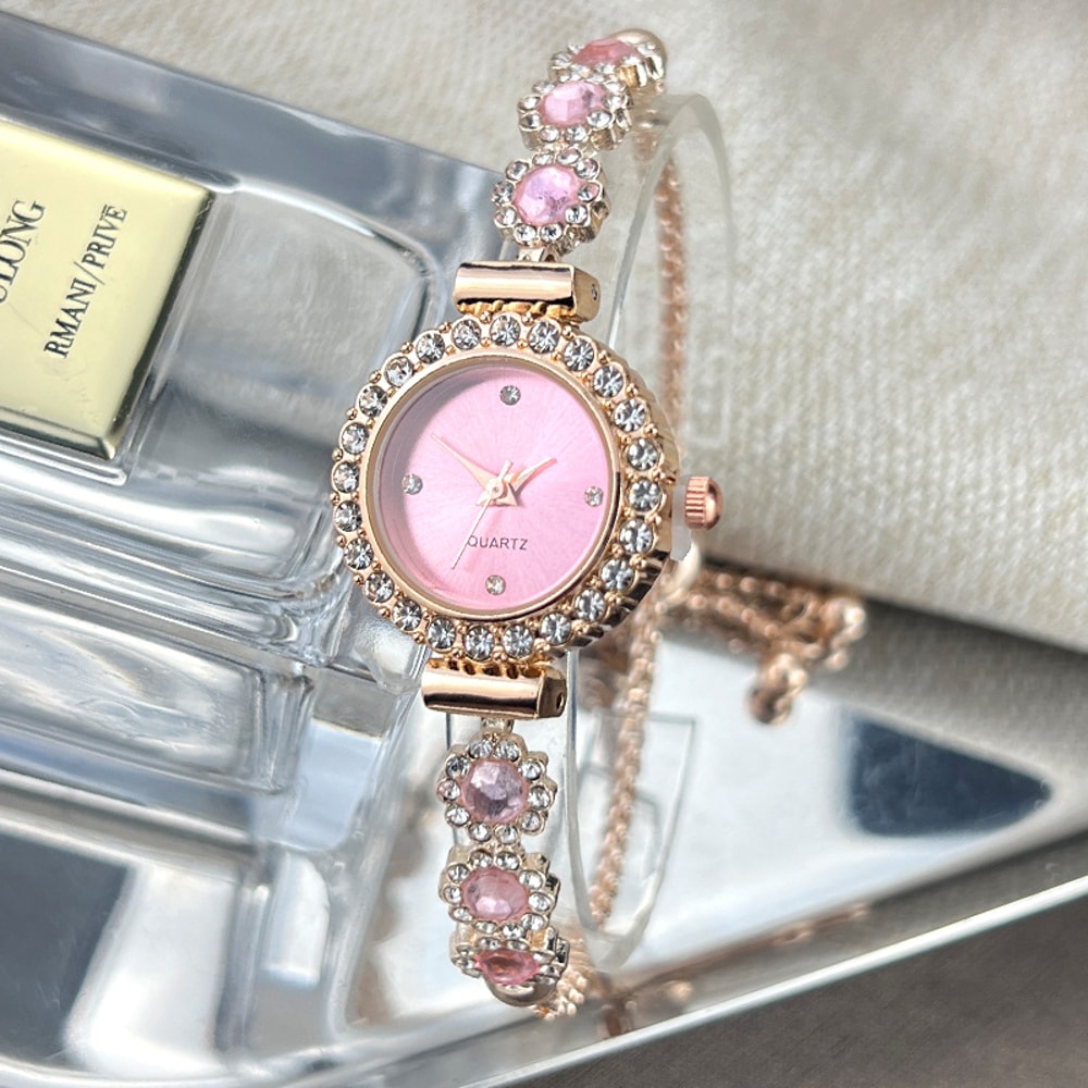 Fashion Style Quartz Watch for Women, Color Imitation Gemstone, Pullable Bracelet Girls Gift Stylish Wristwatch