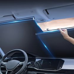 retractable car sunshade auto front windshield sun visor for heat protection | universal fit & roll up closure