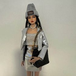 1/6 supermodel clothe fashion, 5-piece spice girls series set (leather jacket, vest, skirt, hat) for 30cm doll dress up