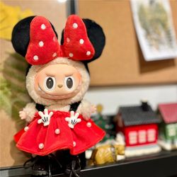 labubu doll mini clothe, plush pink rose bear, cute cartoon mouse rabbit outfit set for sitting dollhouse accessories