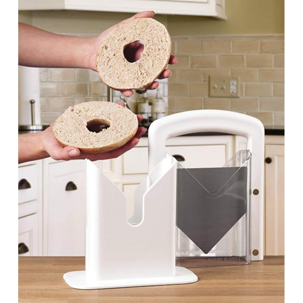 Manual Precision Bagel Cutter with Safety Shield, White 9.25 Inch Kitchen Tool, Cleanly Slices Bagels and More