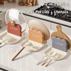 multifunctional pan pot lid holder stand rack, spoon rest organizer, spatula soup spoon storage shelf for kitchen