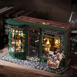 diy wooden dollhouse magic shop, miniature doll house kit with furniture, retro roombox model toy for kids and gift