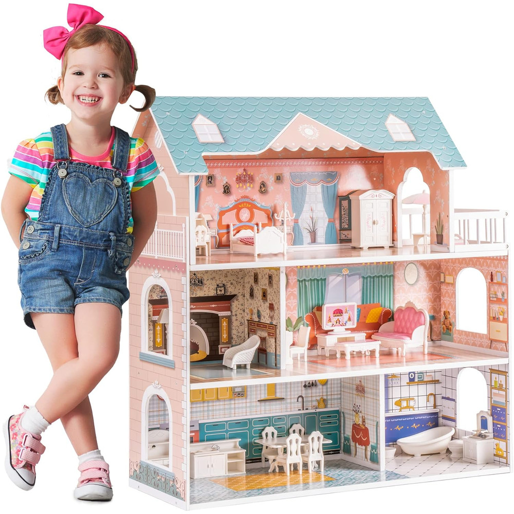 Wooden Dollhouse by Robotime Robud Lady, 3 Story with Balcony, 28 Accessories Educational Toy Gift for Girls Age 3+