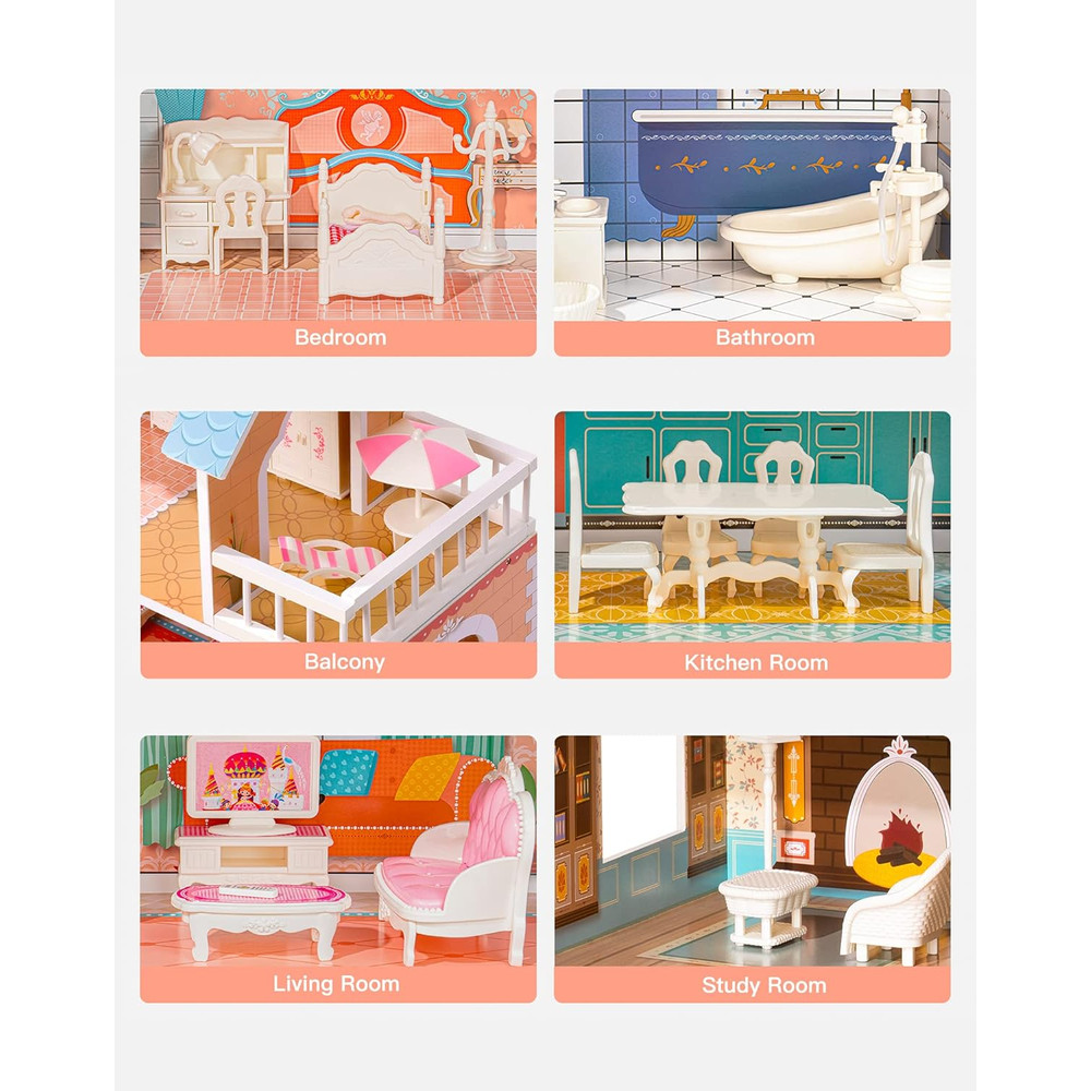 Wooden Dollhouse by Robotime Robud Lady, 3 Story with Balcony, 28 Accessories Educational Toy Gift for Girls Age 3+