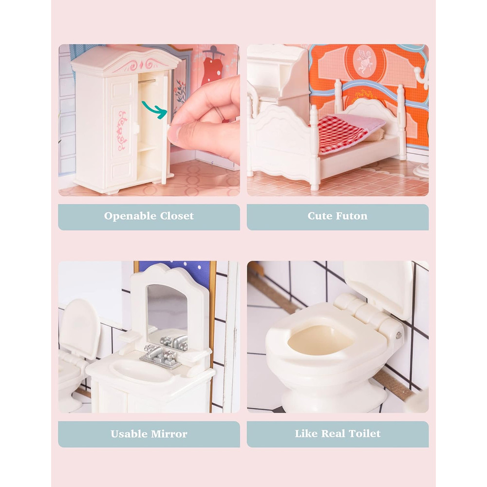 Wooden Dollhouse by Robotime Robud Lady, 3 Story with Balcony, 28 Accessories Educational Toy Gift for Girls Age 3+