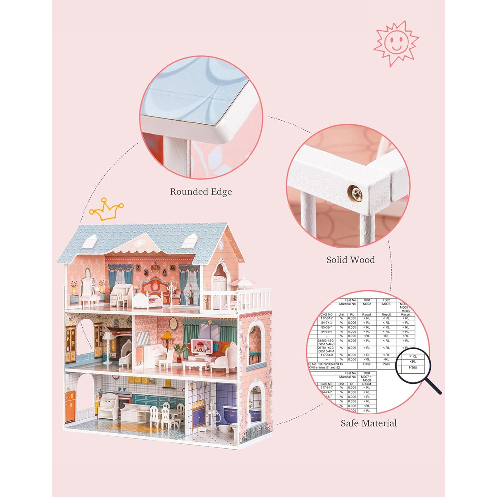 Wooden Dollhouse by Robotime Robud Lady, 3 Story with Balcony, 28 Accessories Educational Toy Gift for Girls Age 3+