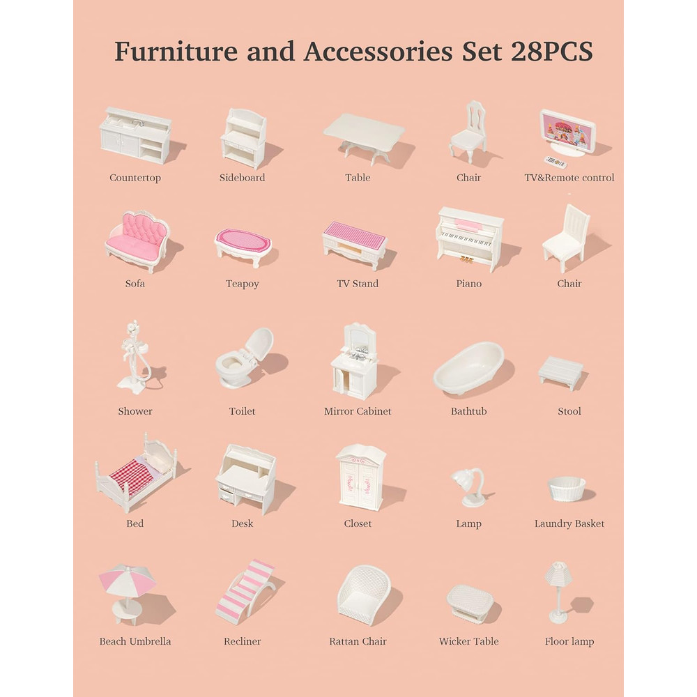 Wooden Dollhouse by Robotime Robud Lady, 3 Story with Balcony, 28 Accessories Educational Toy Gift for Girls Age 3+