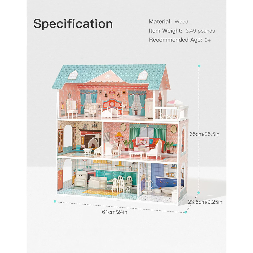 Wooden Dollhouse by Robotime Robud Lady, 3 Story with Balcony, 28 Accessories Educational Toy Gift for Girls Age 3+
