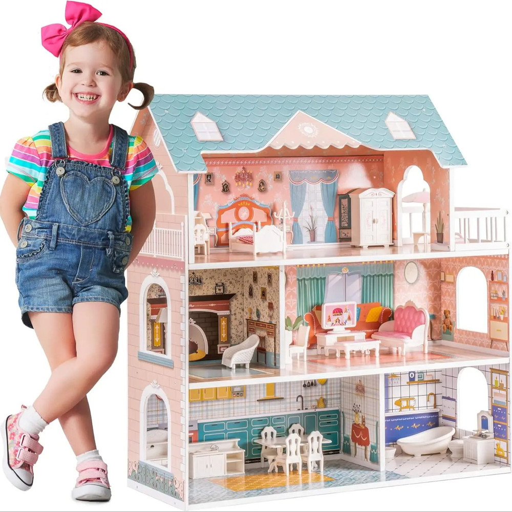 Wooden Dollhouse by Robotime Robud Lady, 3 Story with Balcony, 28 Accessories Educational Toy Gift for Girls Age 3+